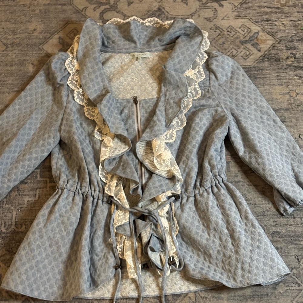 By Stella Victorian Boho Lace Jacket Top Cardigan Blue w Ruffles Women’s Medium